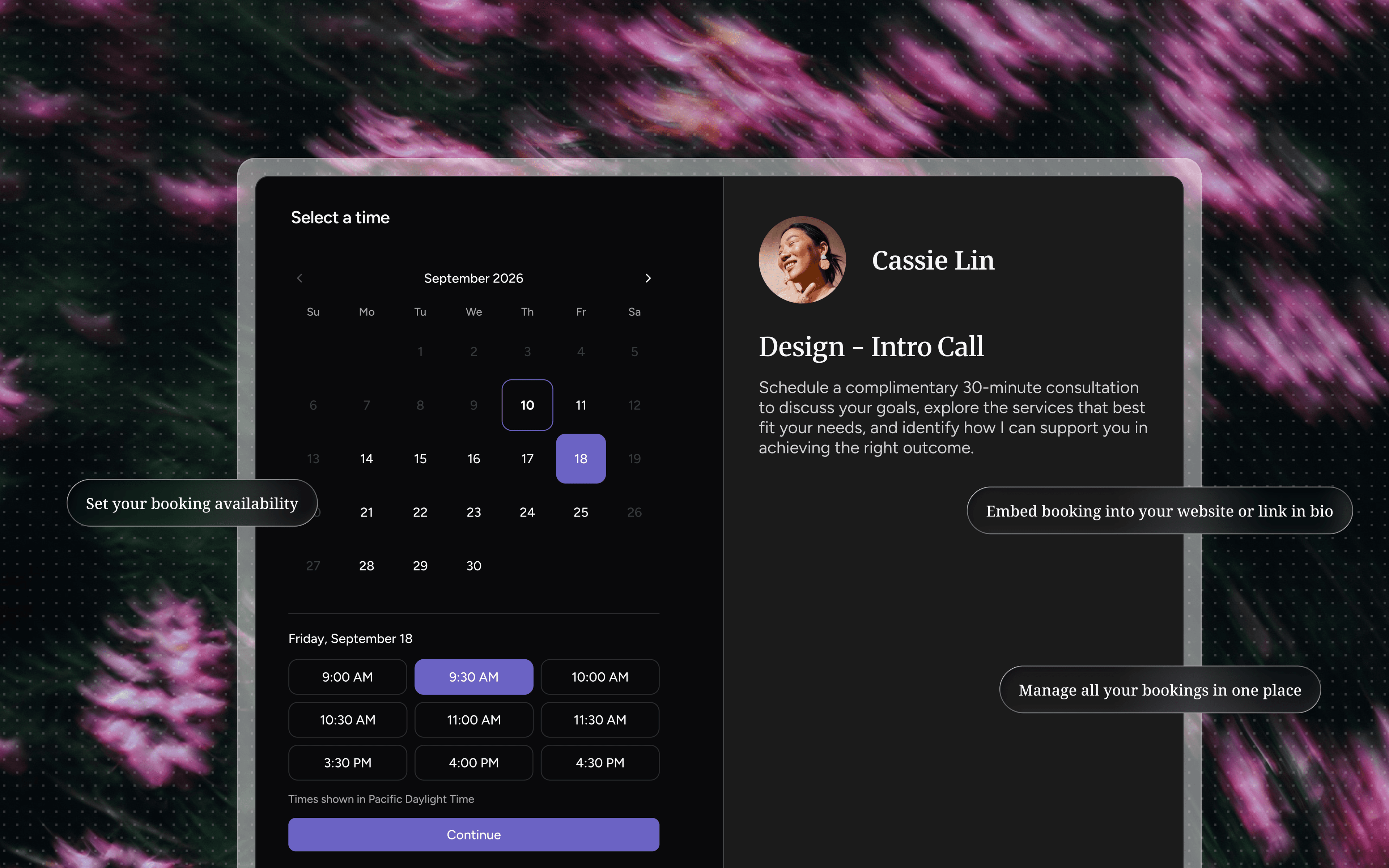 A booking page for a 30-minute design intro call, with a date picker and the day’s open time slots