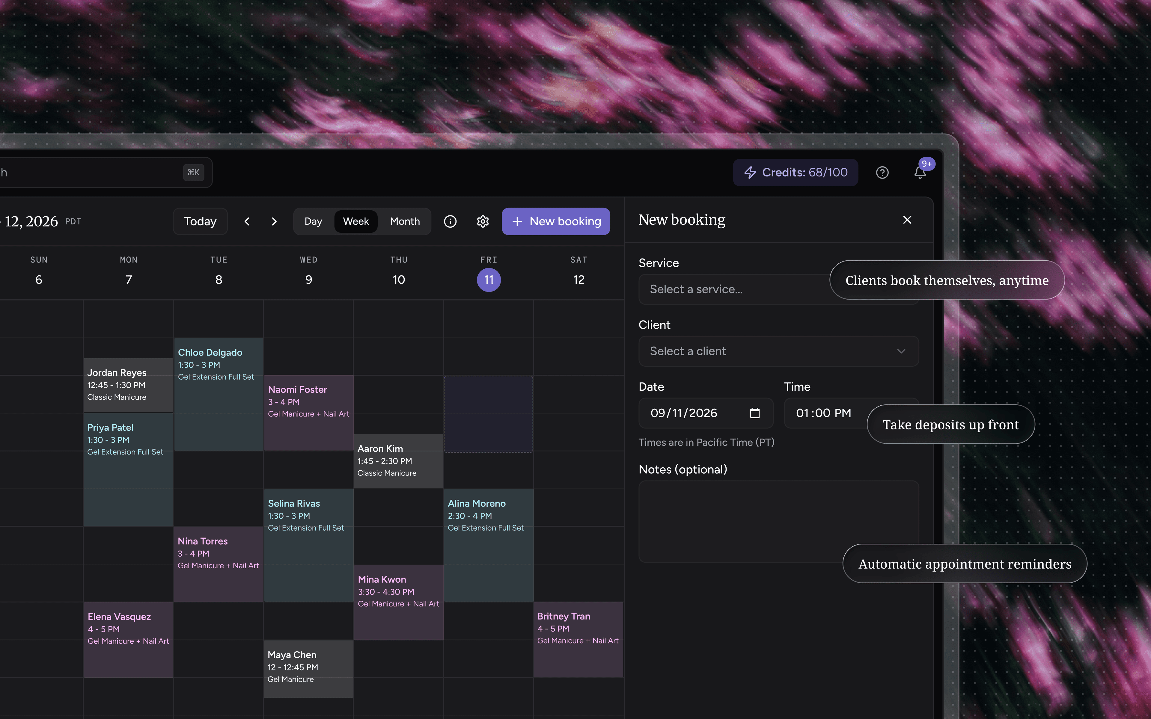 A week of appointments in the Haize calendar, with a new booking being added beside it