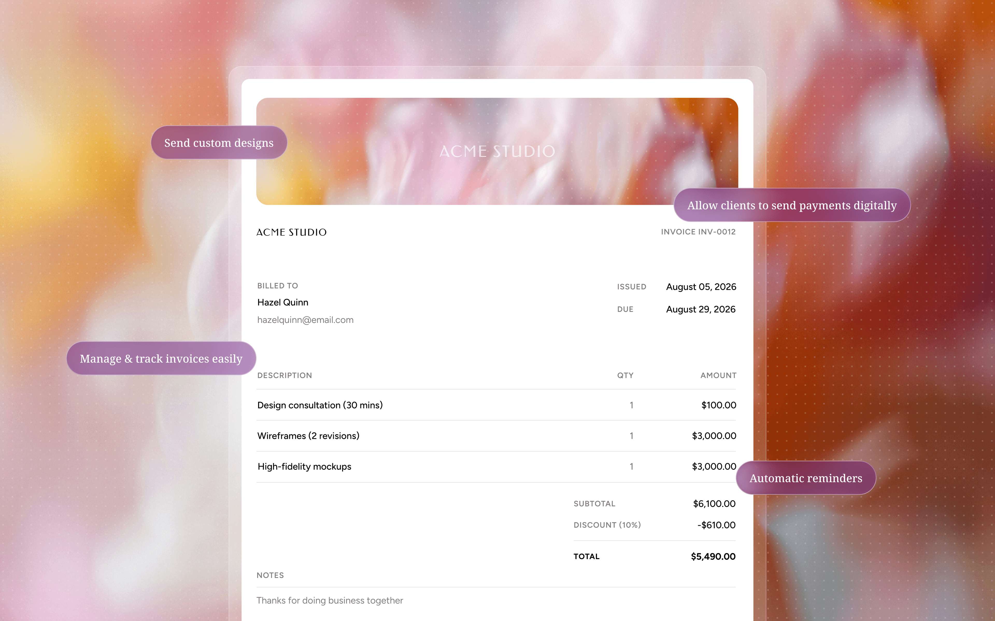 A branded Haize invoice itemizing design work, with its total and payment due date