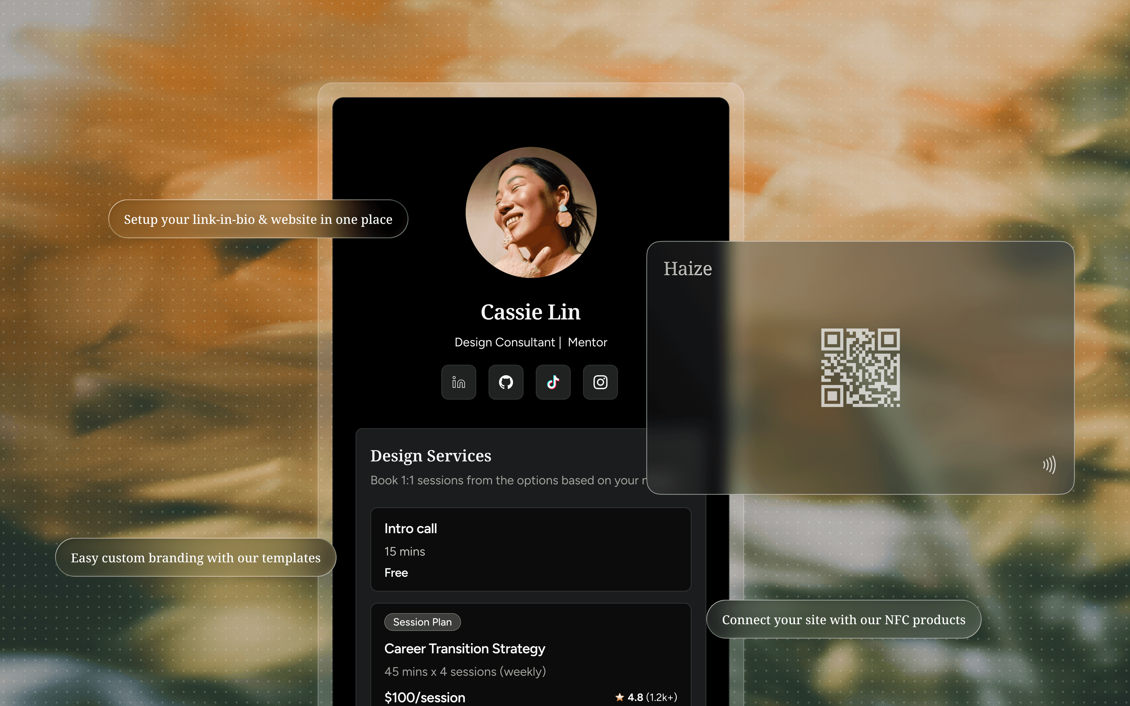 A Haize profile with bookable services and prices, beside an NFC card that opens it