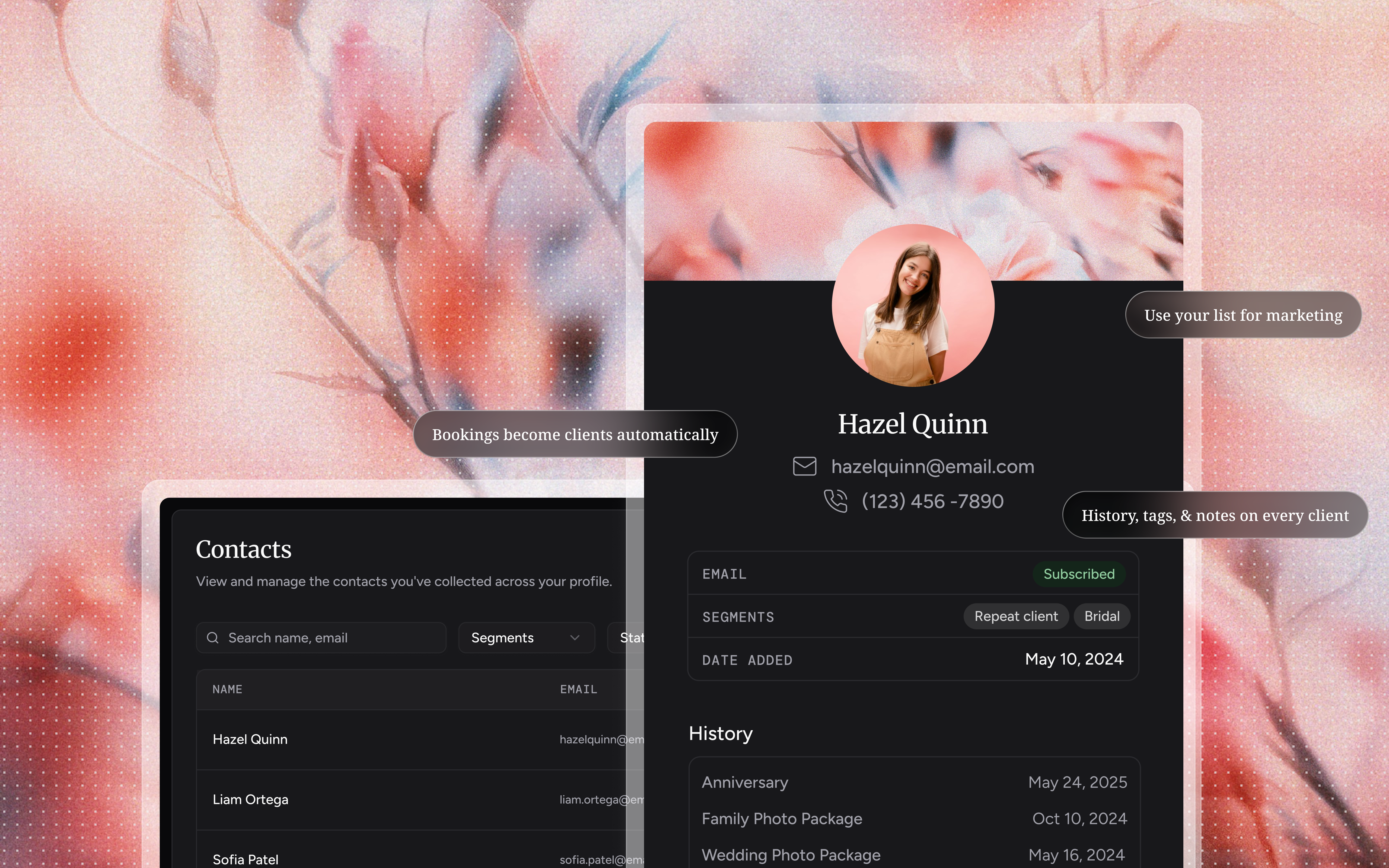 The Haize contacts list beside a photography client’s record with segments, email status, and past shoots