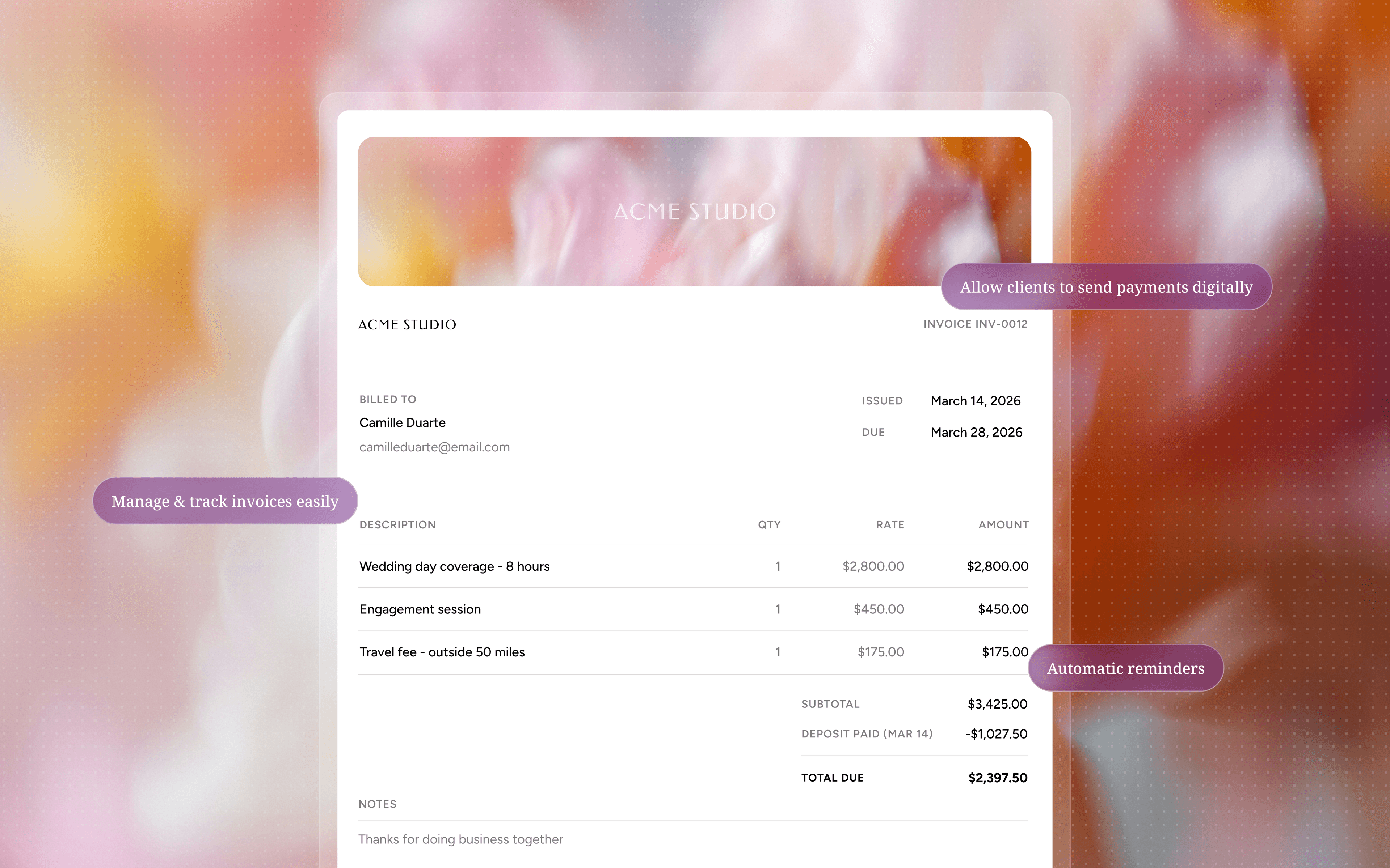 A branded Haize invoice for a wedding shoot, itemizing coverage and travel with the deposit already paid against the balance