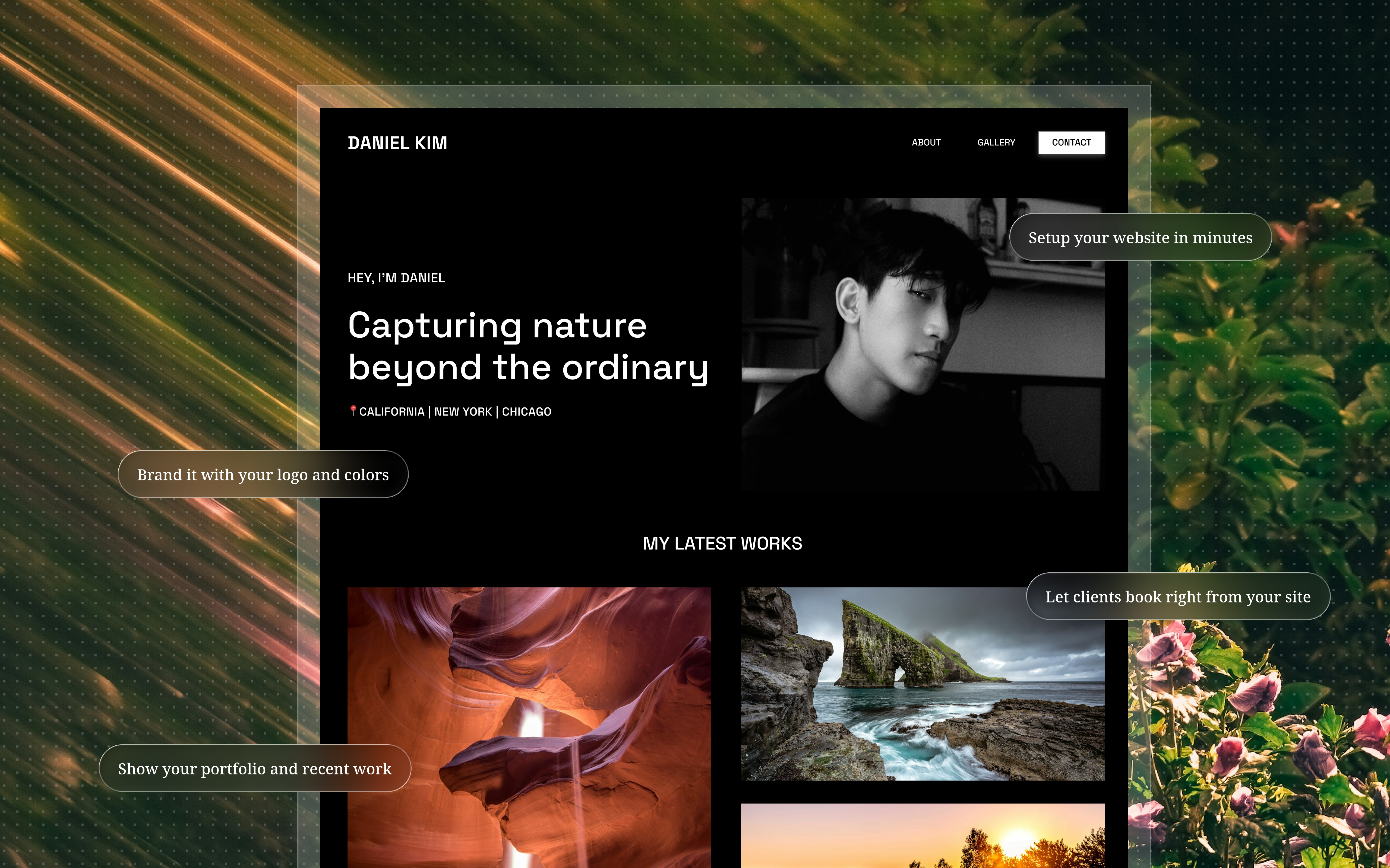 A photographer’s Haize website with a portfolio gallery and a contact button, branded in their own colors