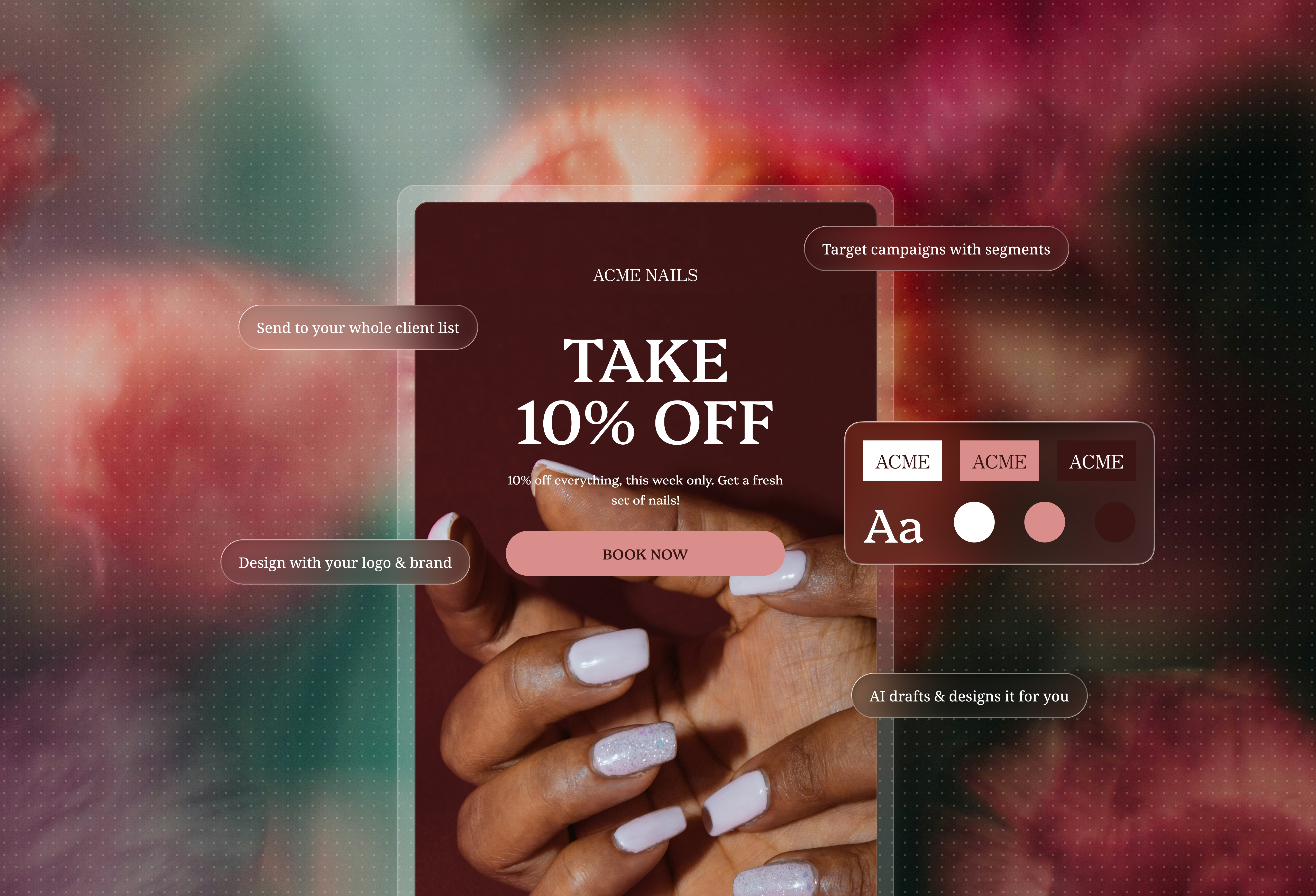 A branded 10%-off promotional email for a nail salon with a Book Now button, beside its brand colors and fonts