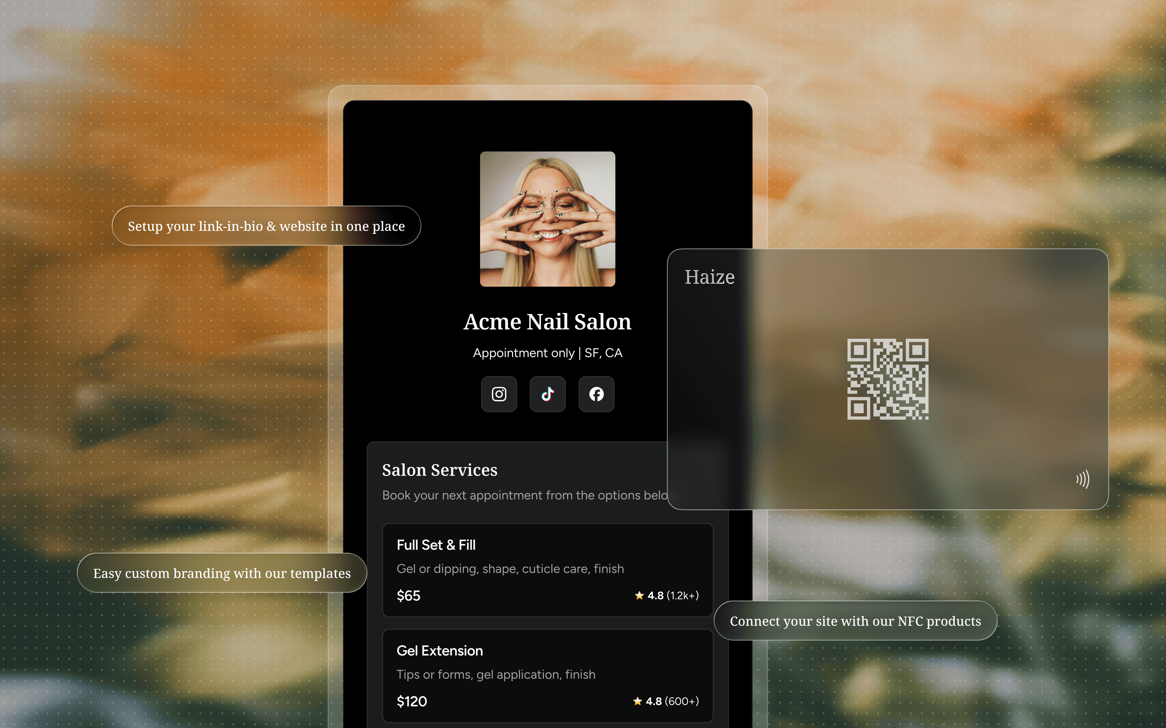 A nail salon’s Haize site listing services and prices with a booking button, beside an NFC card that opens it